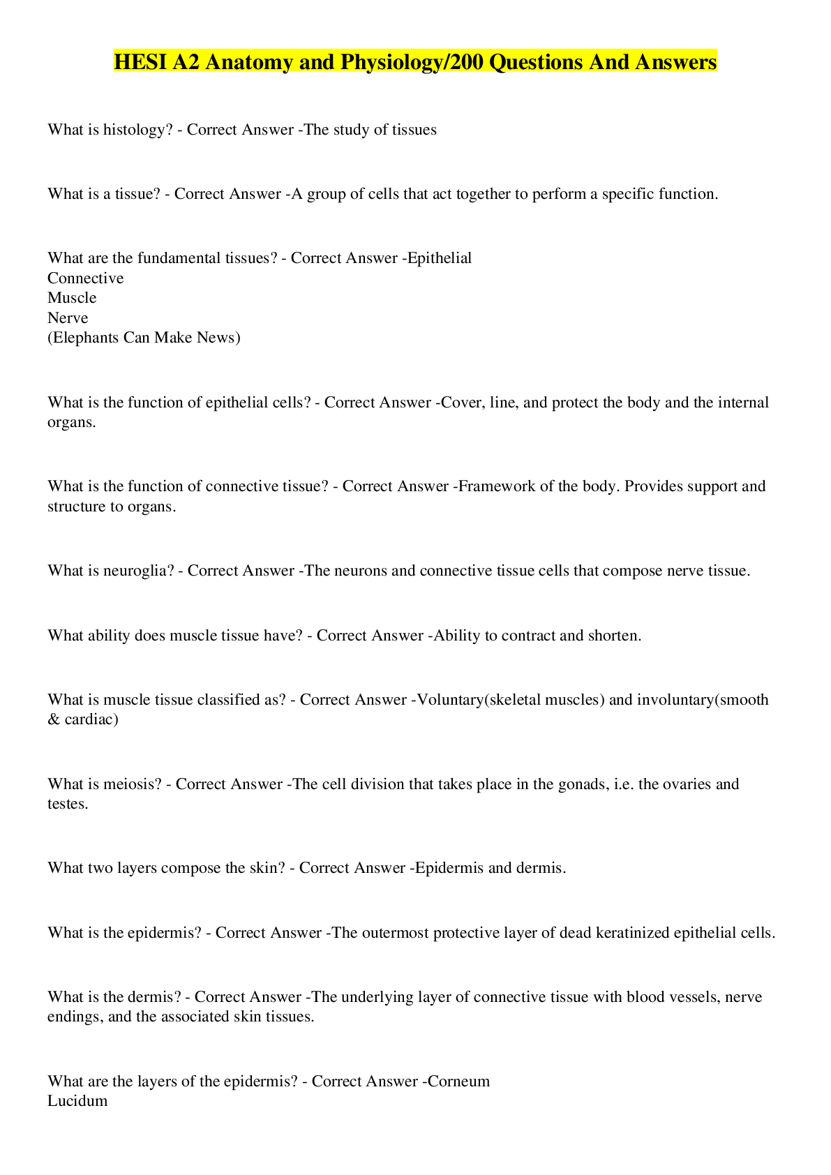 Preview image for HESI A2 Anatomy and Physiology